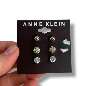 NEW Anne Klein Set of 3 Stud Earrings Small Gold Pave Ball Stacking Layering